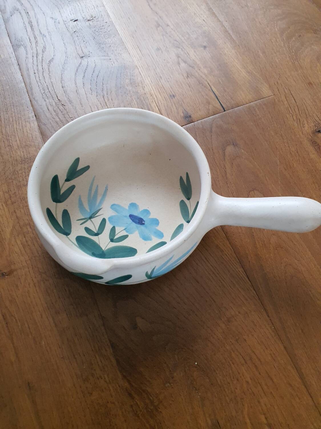 Vintage fondue pot, Marais pottery, hand-painted blue floral decoration
