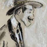 Tableau signé fusain et or iridescent portrait gentleman « Dandy »