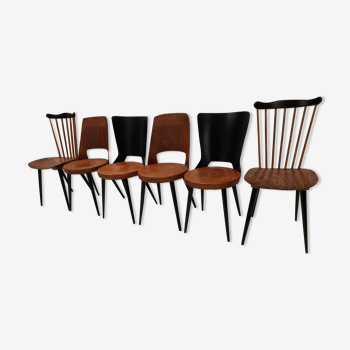 Suite de 6 chaises de Bistrot Baumann dépareillées Mondor,Dove,Menuet