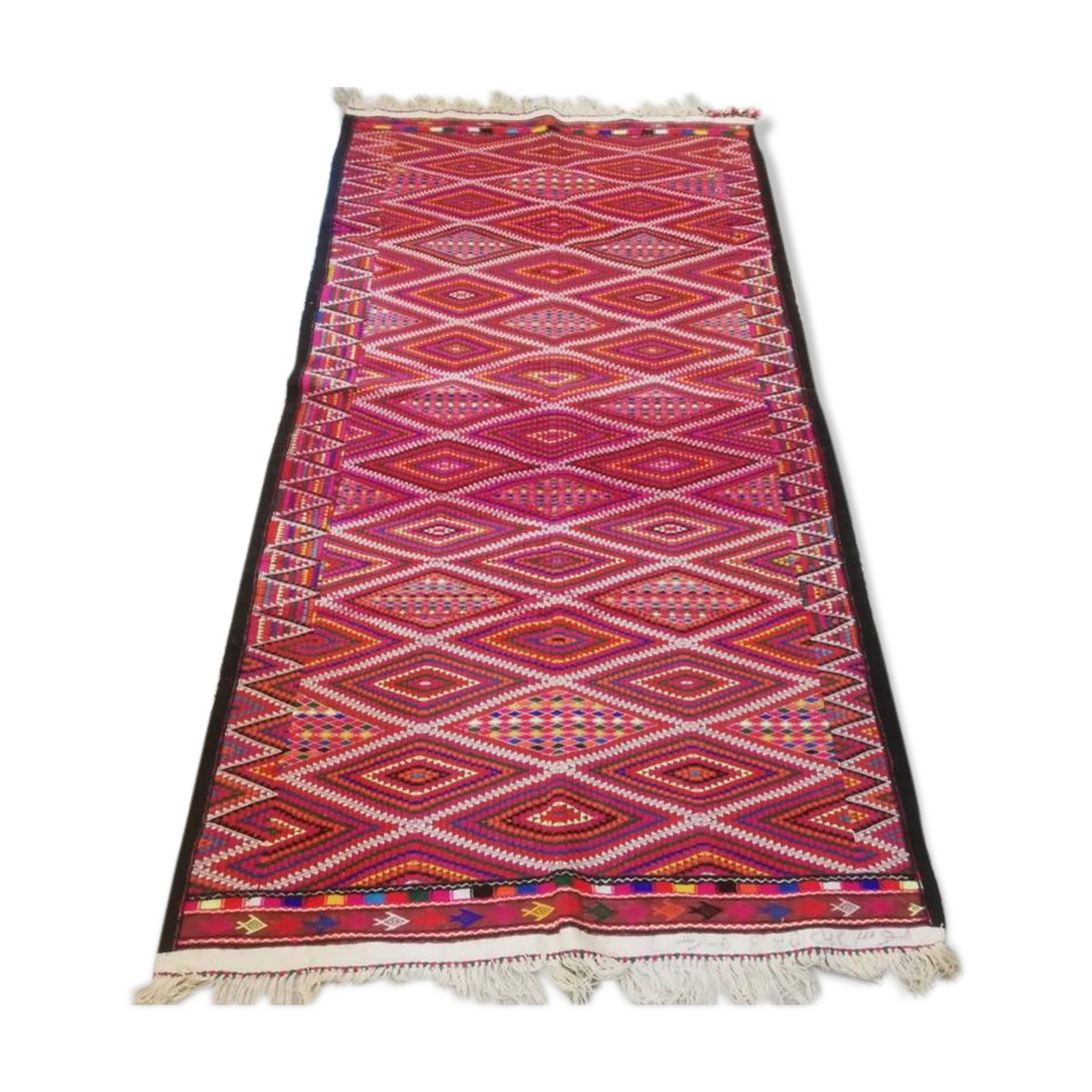 Red kilim carpet, handmade Moroccan wool rug.