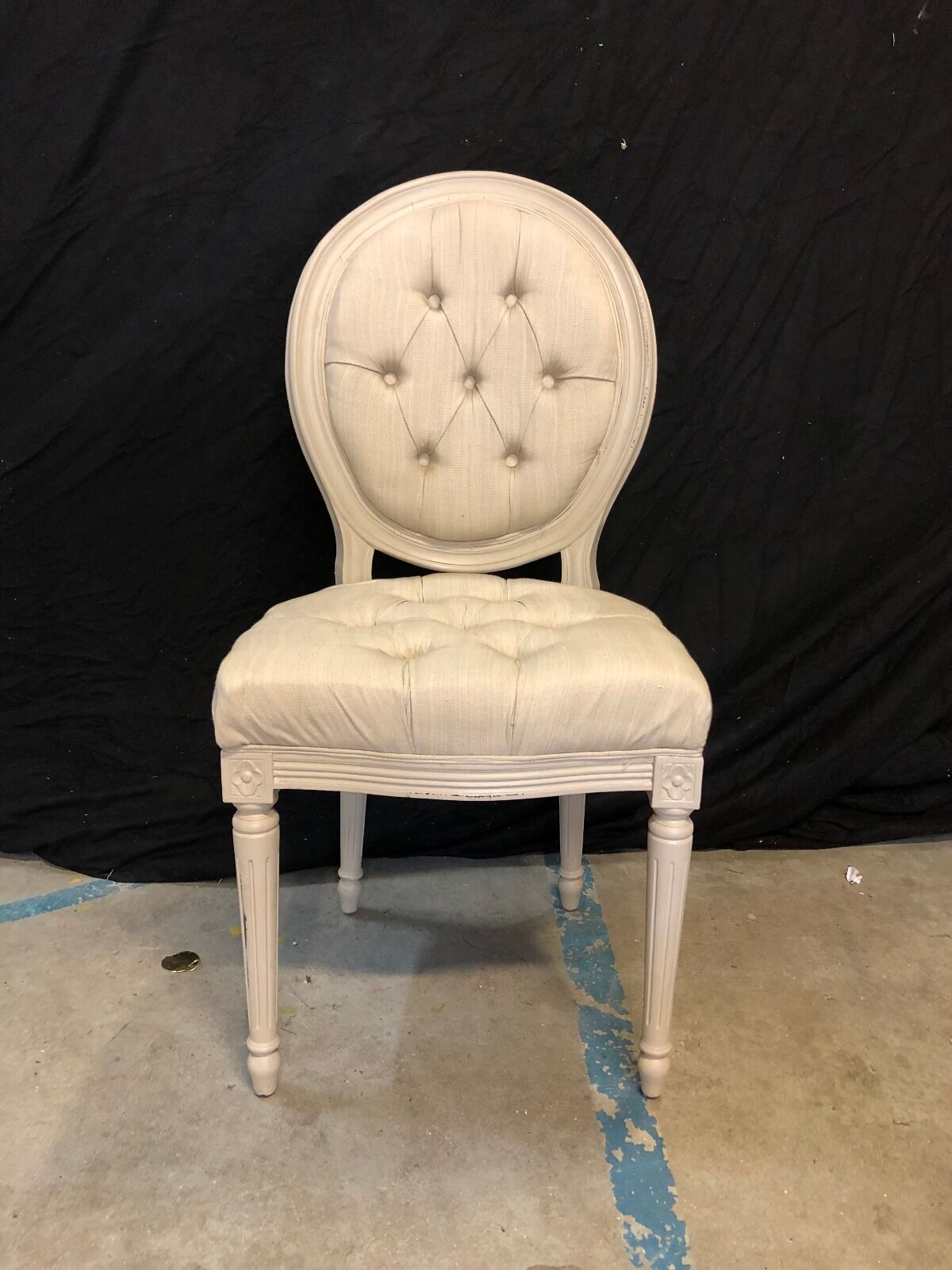 Louis xvi medallion style chairs patinated wood & beige updaped fabric