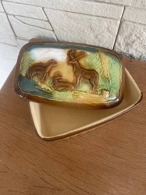 Gien earthenware butter dish slash country decor: deer, deer, forest