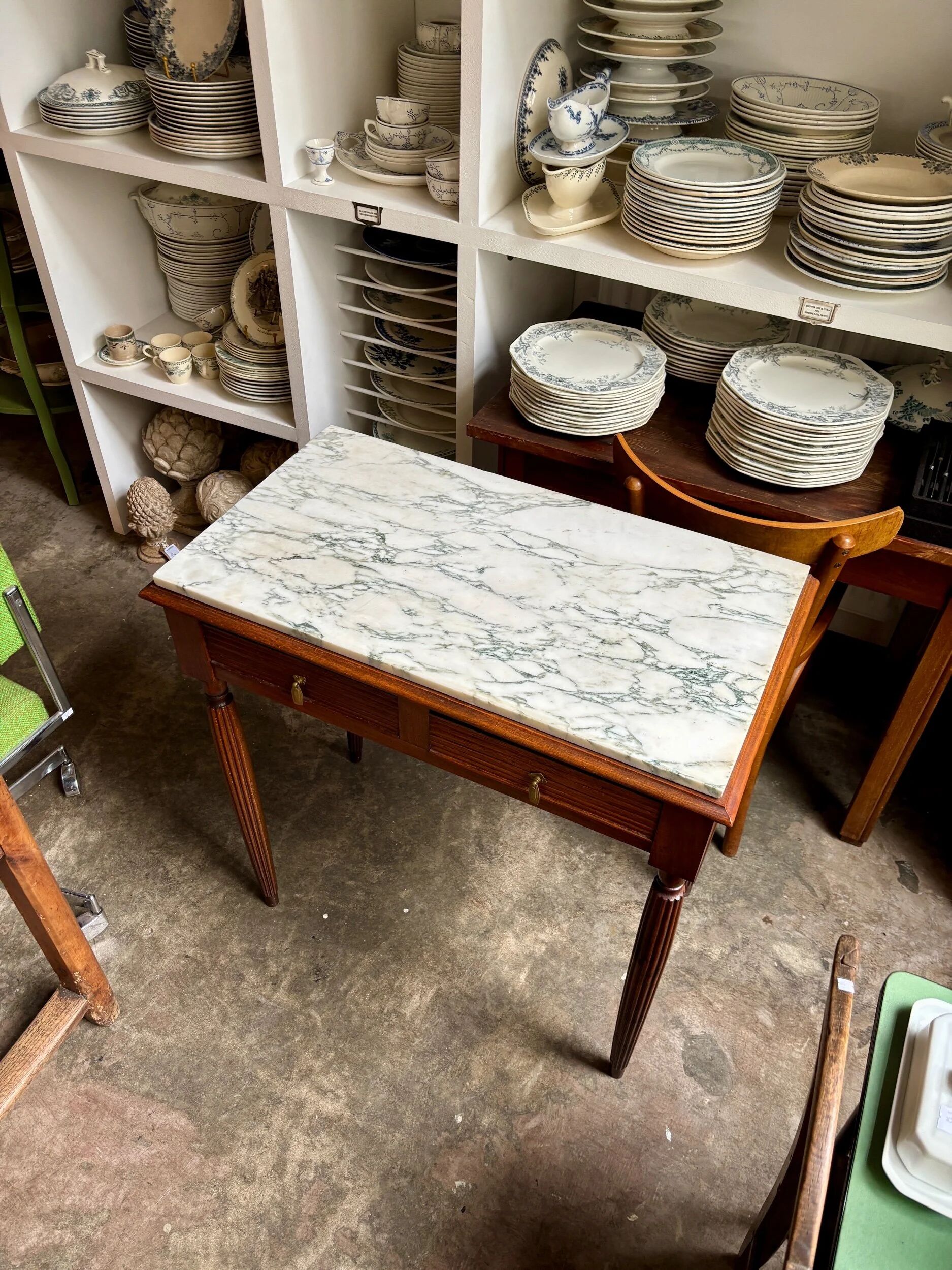 Desk, dark wood and marble side table