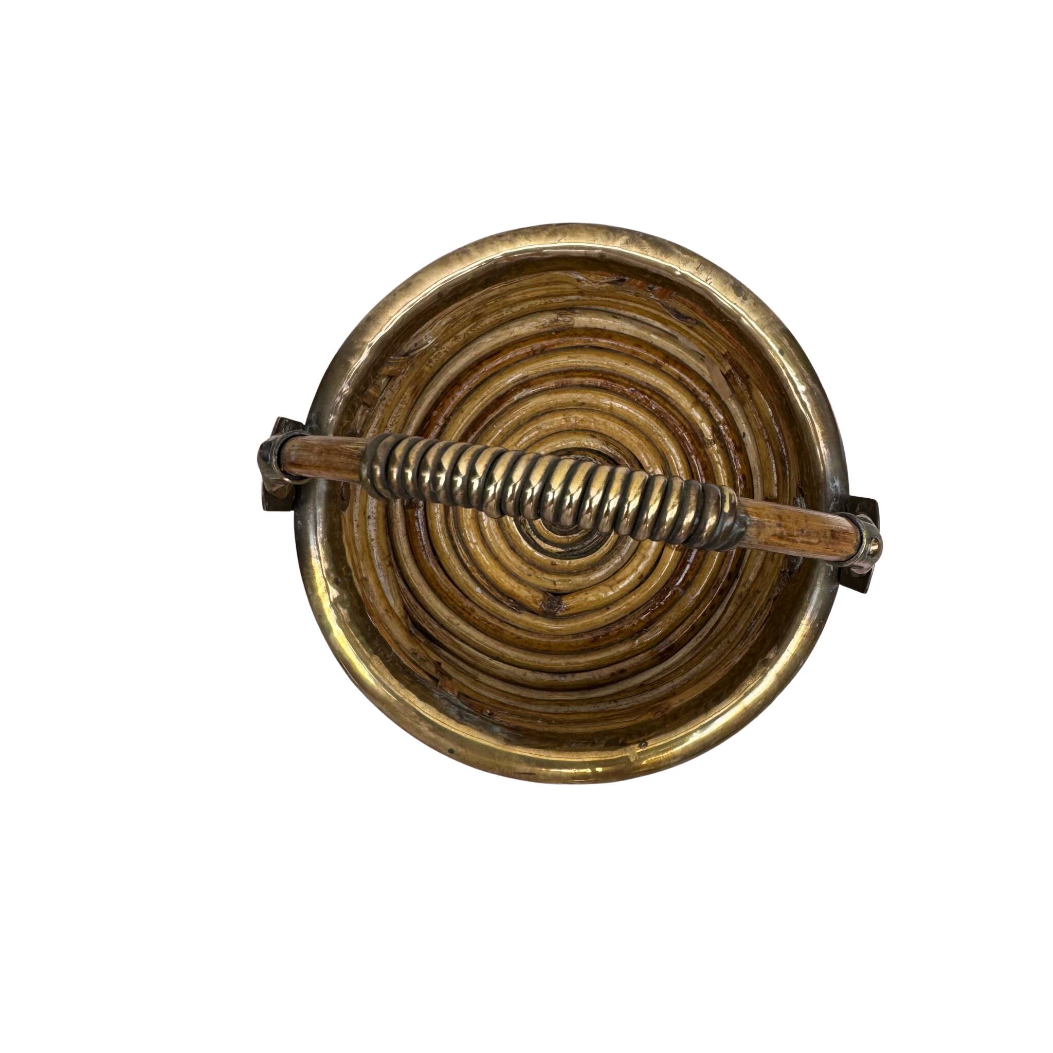 Rattan & Brass Handled Basket | Round Handle Basket | Italy 1970s