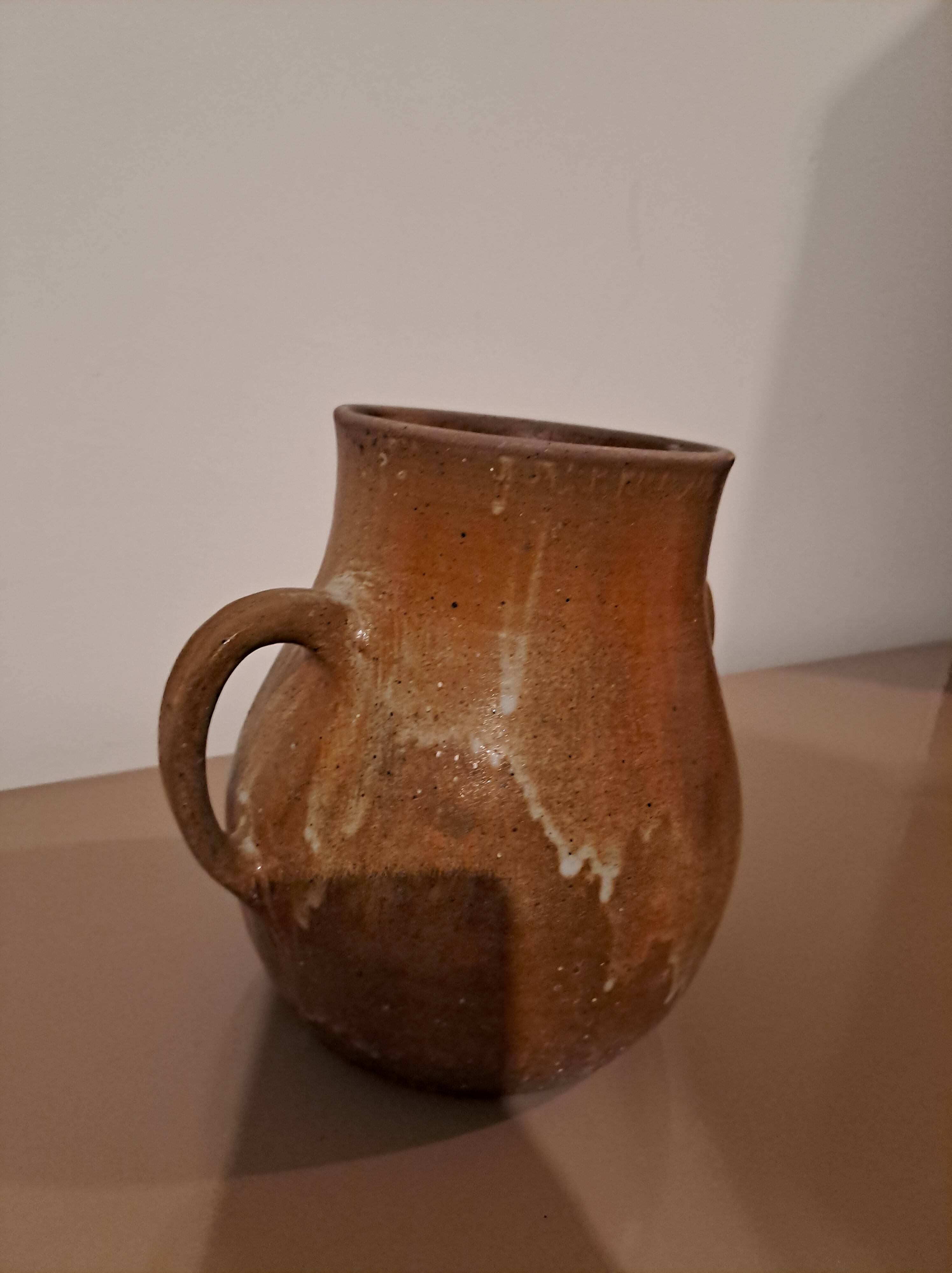 Vintage glazed stoneware jug - rustic two-handled craft