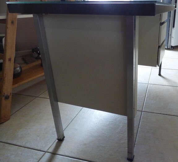 Industrial metal desk from the 70s with three drawers and glass top