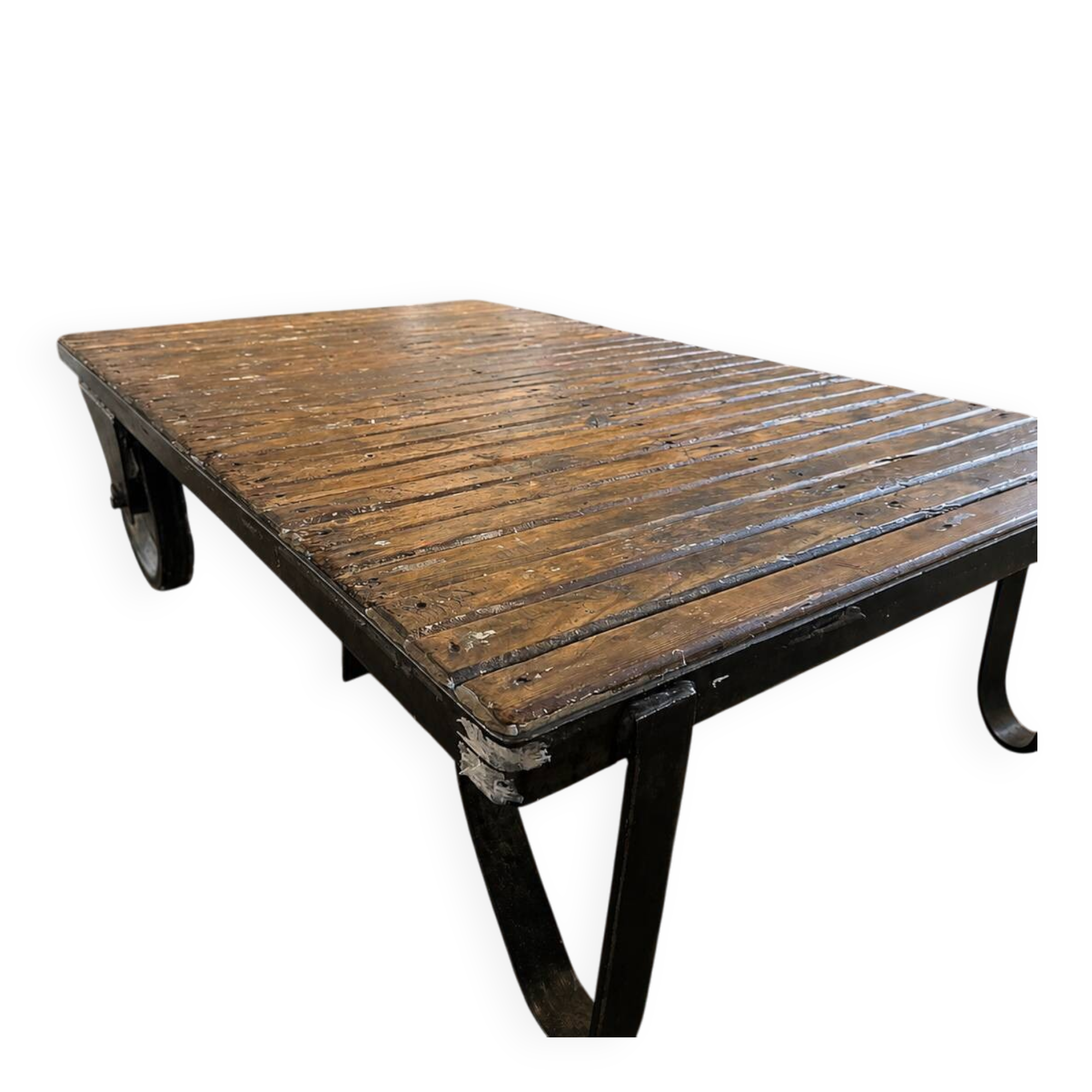 Industrial coffee table: mining cart, weathered wood top, quarries.
