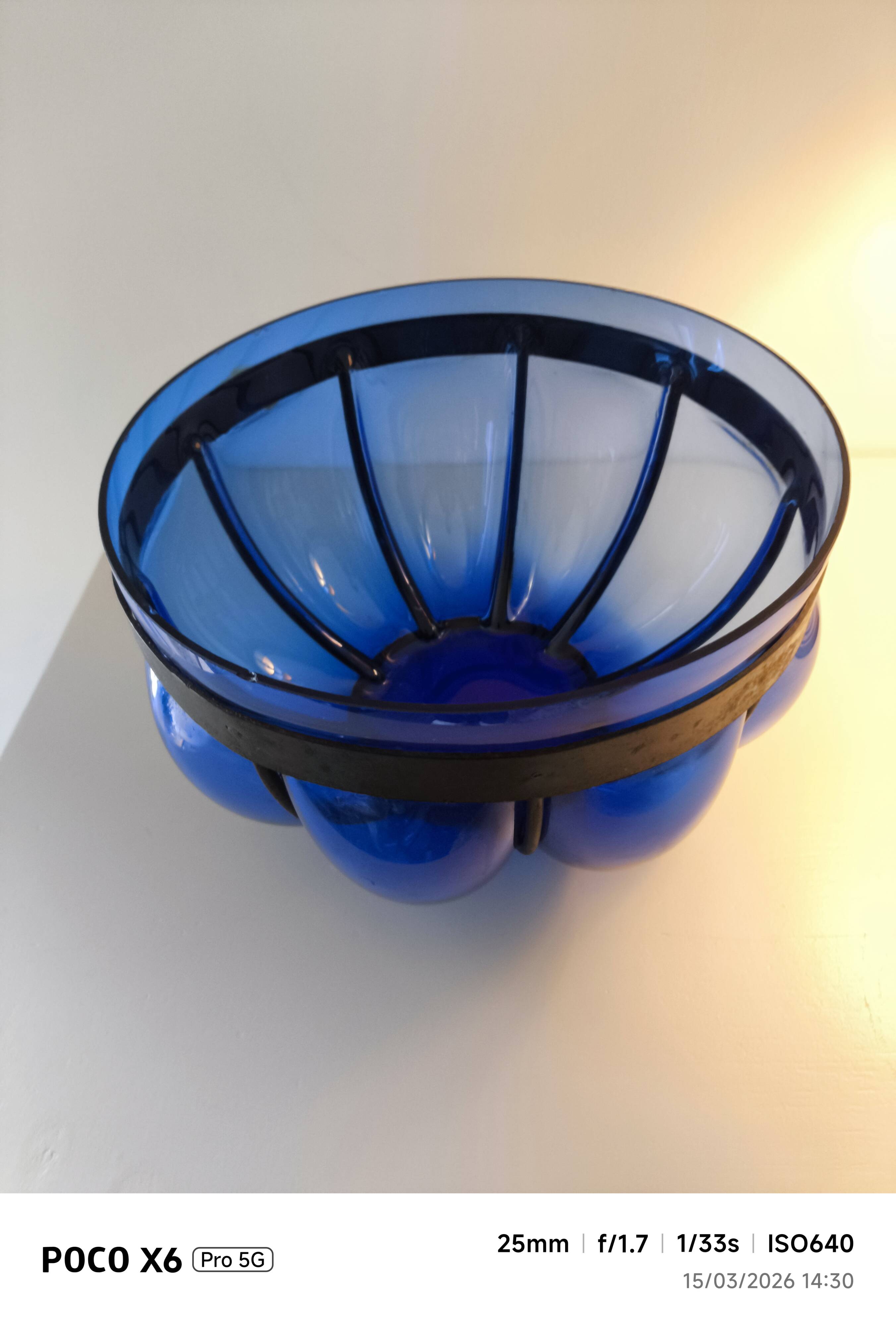 Superb vintage blown glass bowl in cobalt blue with its iron frame.