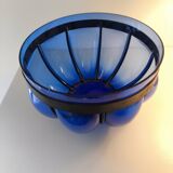 Superb vintage blown glass bowl in cobalt blue with its iron frame.