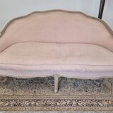 Louis XV style bench sofa in pink fabric and burlap