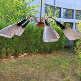 Five-branch opaline, bakelite and brass chandelier from the 50s