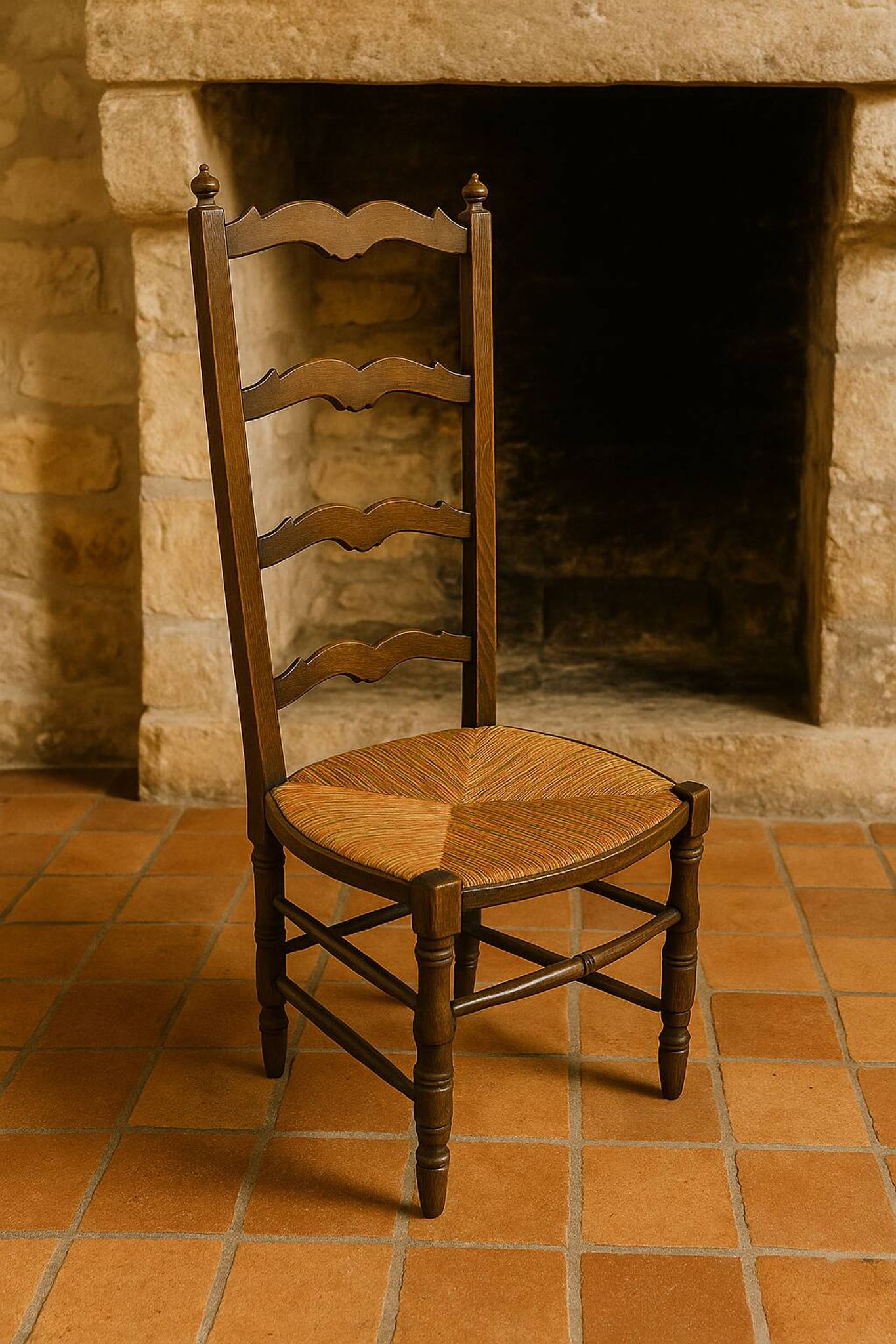 Antique wooden and straw nurse's chair - openwork backrest with bars c