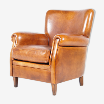 Fauteuil vintage club en cuir de couleur cognac Hollandais