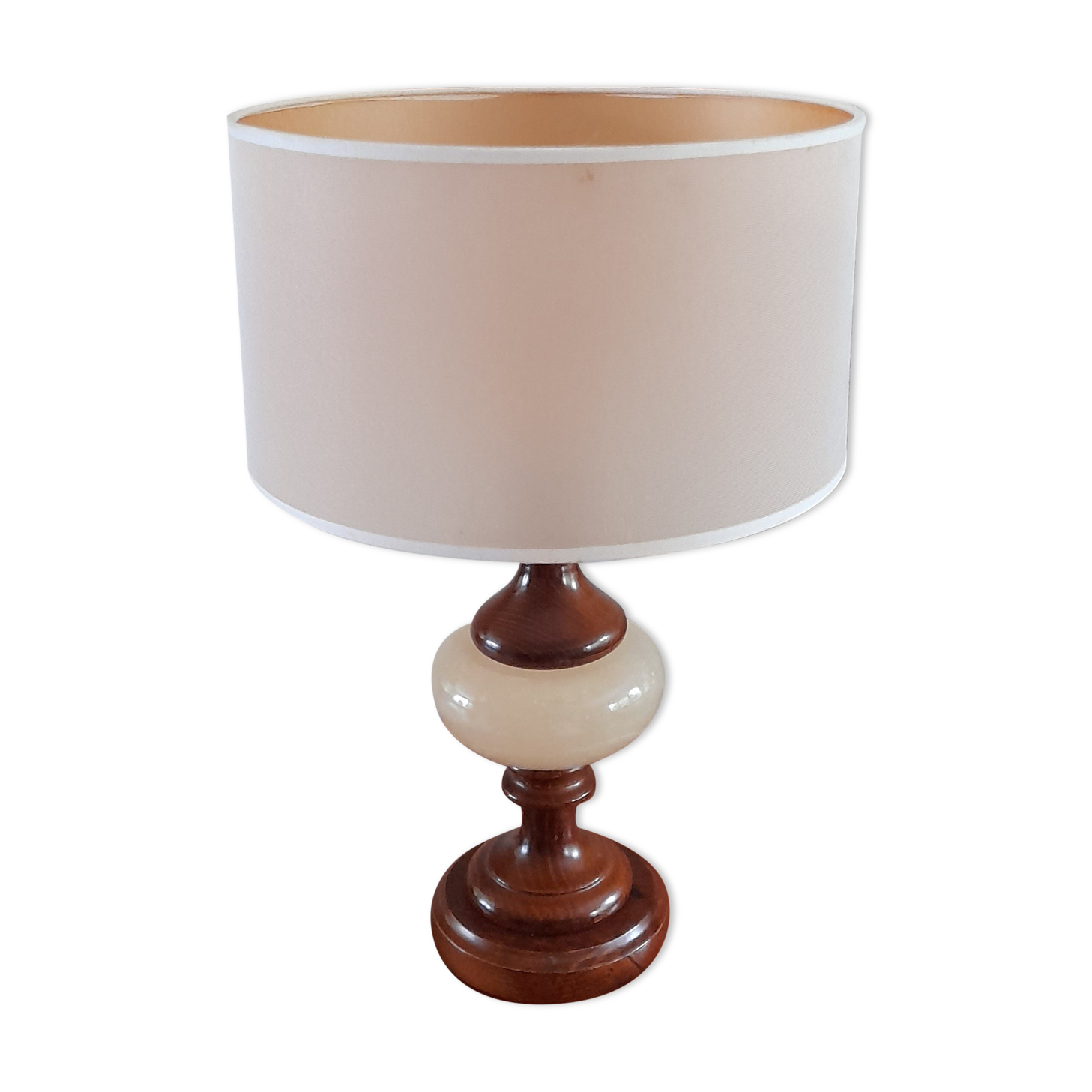 Table lamp foot turned wood and alabaster, round ecru lampshade, 50s