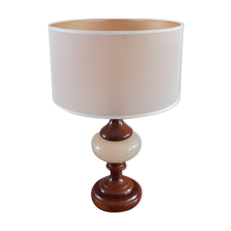 Table lamp foot turned wood and alabaster, round ecru lampshade, 50s