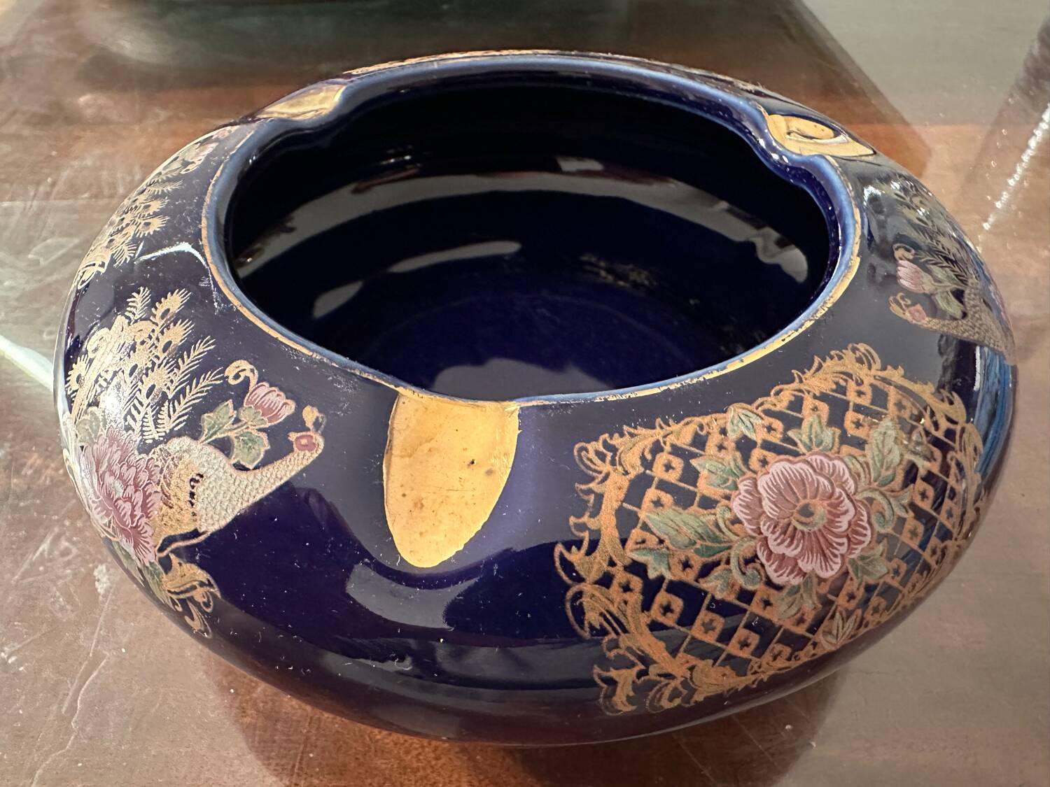 Cobalt Blue Enameled Ashtray, Golden Peacock and Floral Decor - Vintage Italy