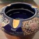 Cobalt Blue Enameled Ashtray, Golden Peacock and Floral Decor - Vintage Italy