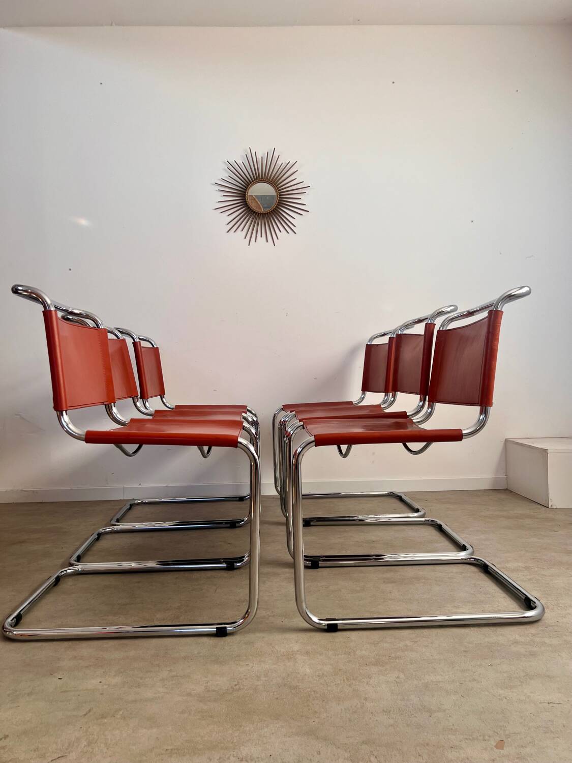 Lot 6 tubular chairs S33 design Mart Stam vintage cognac leather from the 70s
