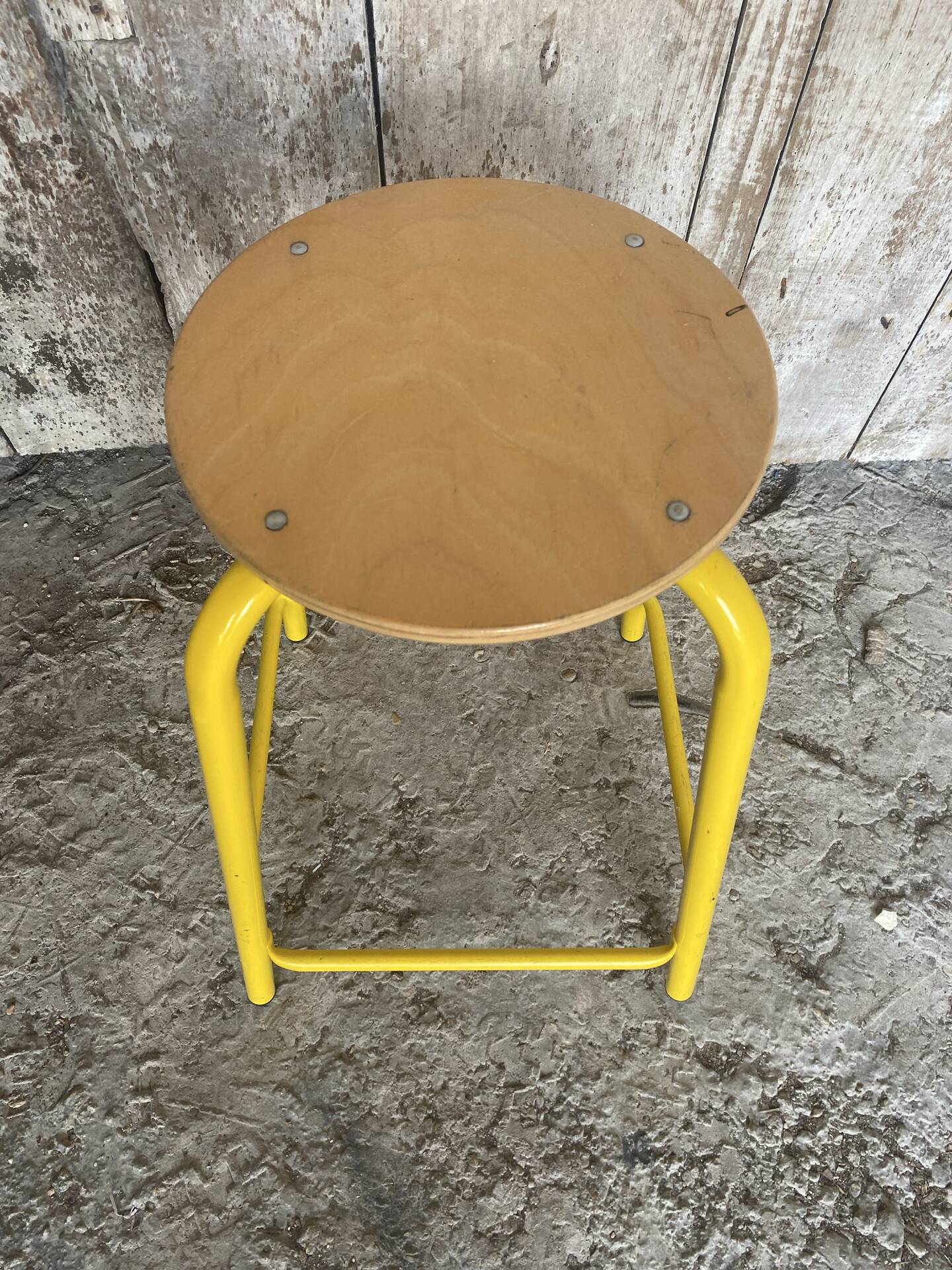 Vintage Industrial Stool Yellow Metal Tube + Wooden Seat