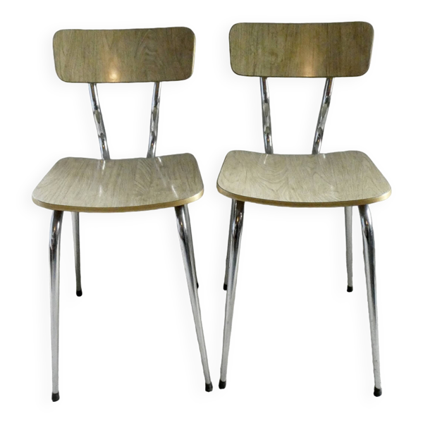 Paire de chaises en formica "bois" et chants dorés, années 60