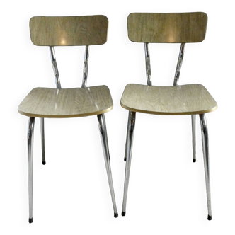Paire de chaises en formica "bois" et chants dorés, années 60