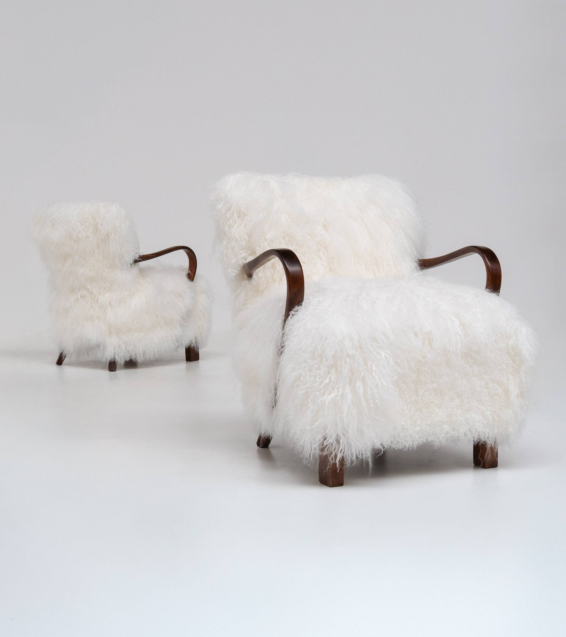 Pair of Art Deco Armchairs in Mongolian Sheepskin, 1950s