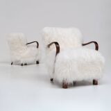 Pair of Art Deco Armchairs in Mongolian Sheepskin, 1950s