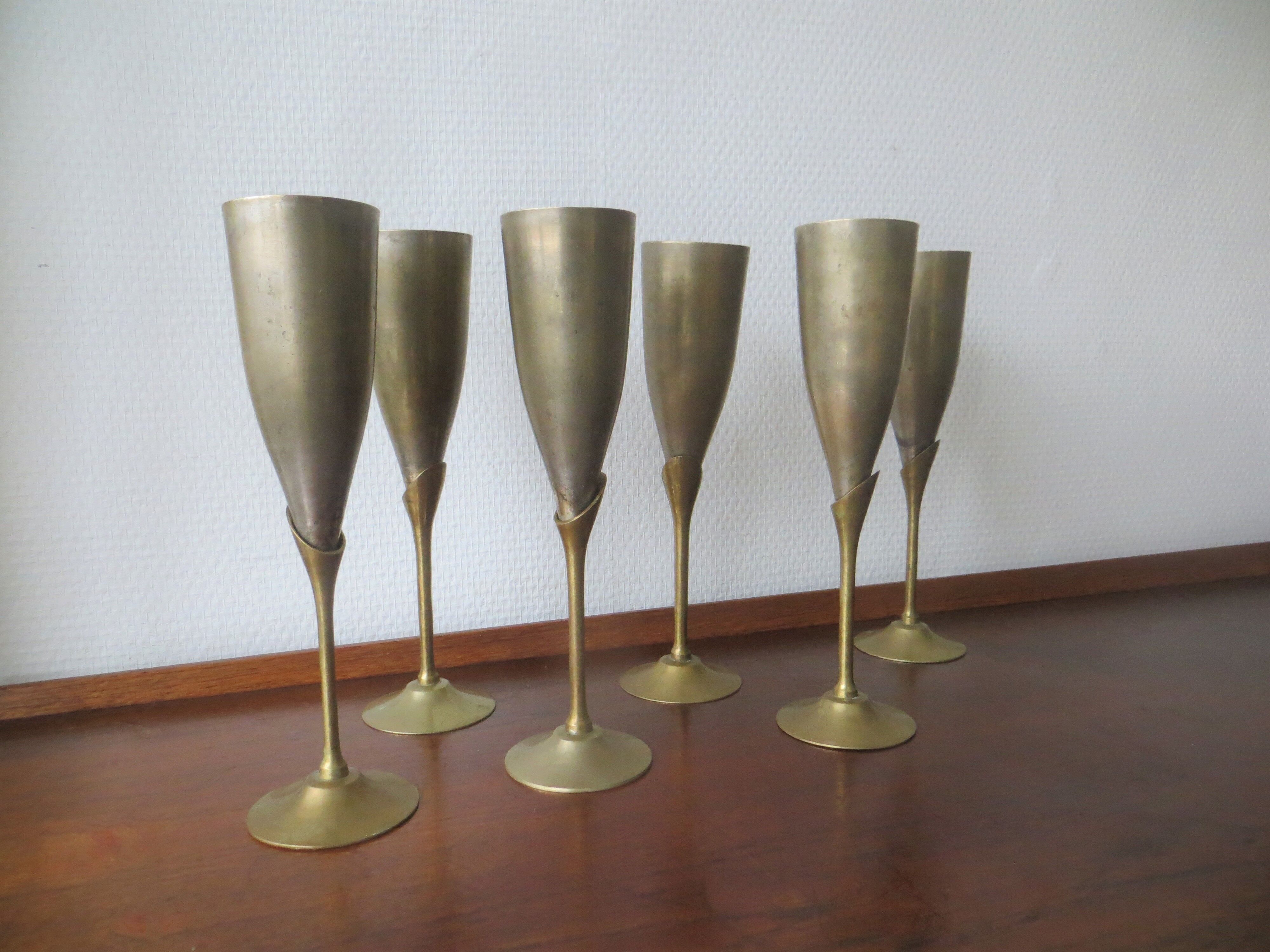 6 vintage metal Champagne flutes