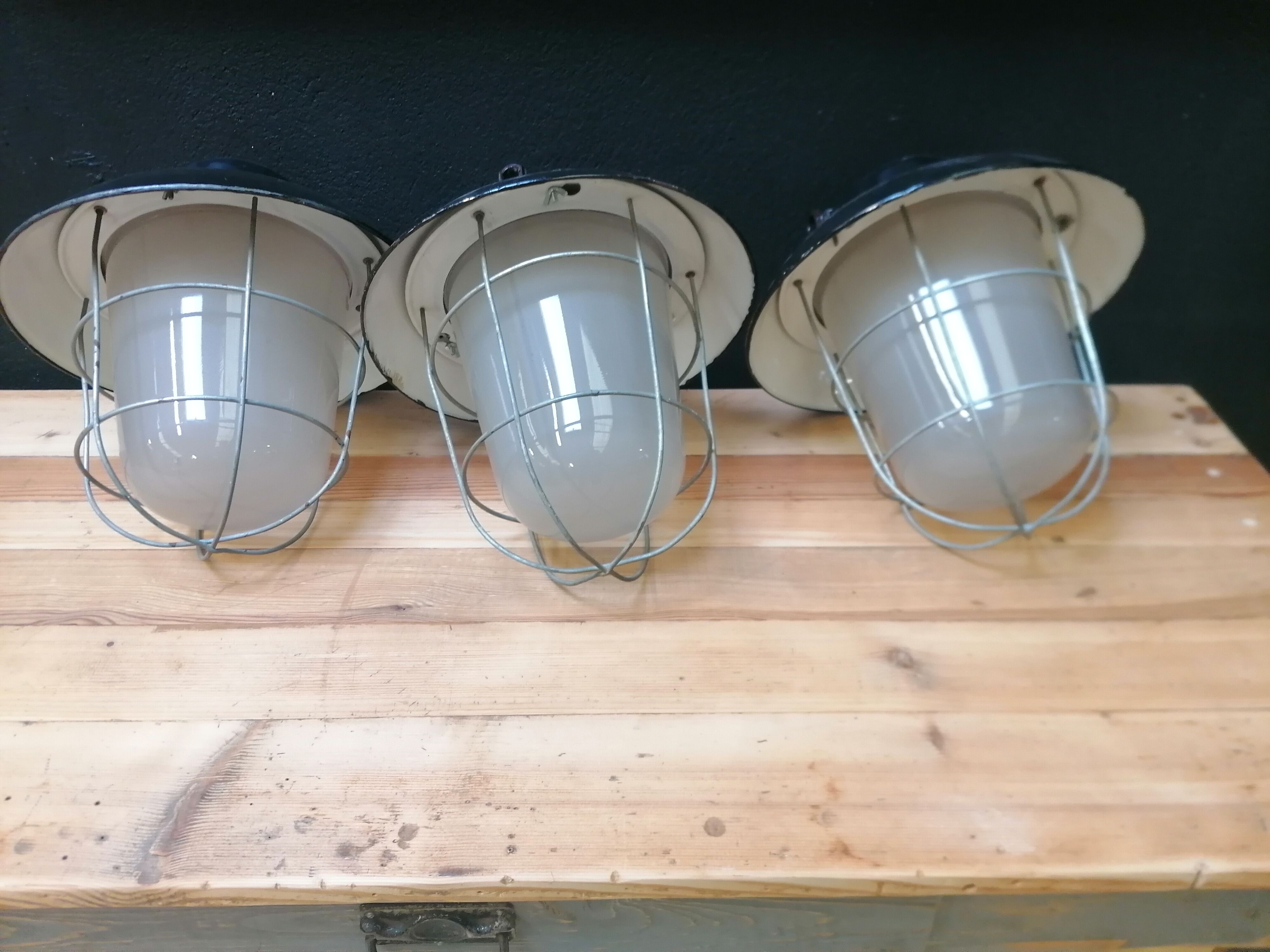 Set of 3 vintage Czech industrial pendant lights, 1950s