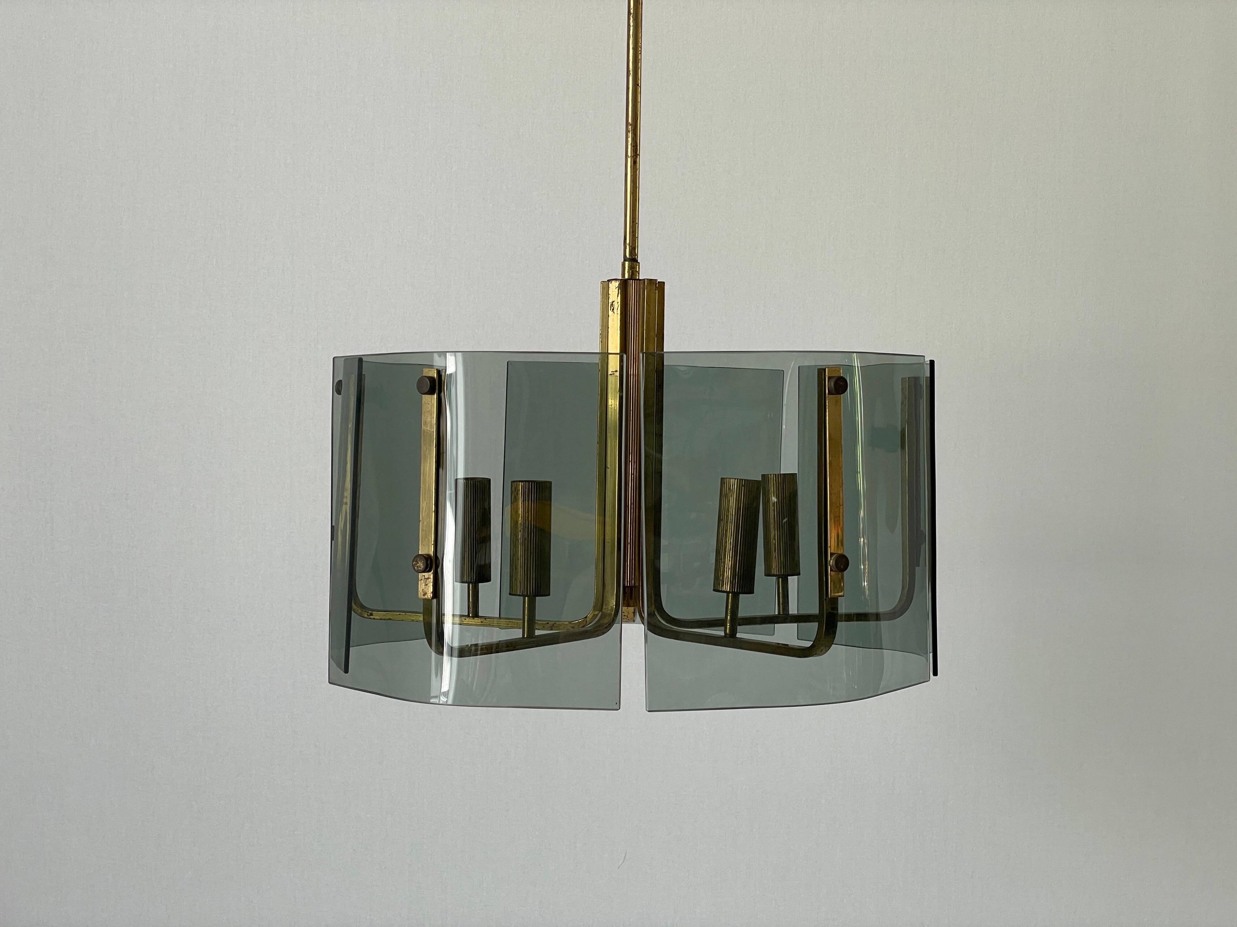 Grey glass chandelier with a brass body, 1960, Italy
