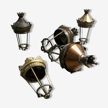 Set de cinq lanternes réverbères ville de Paris cuivre et laiton 1970’