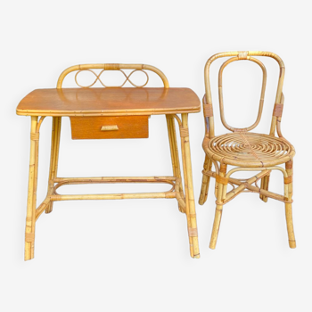 Bureau et chaise en rotin