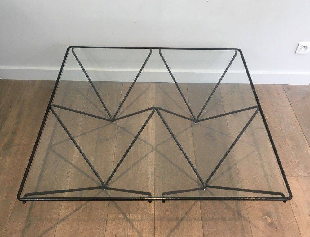 Black lacquered metal coffee table with a clear glass top. Attributed to Paolo Piva.