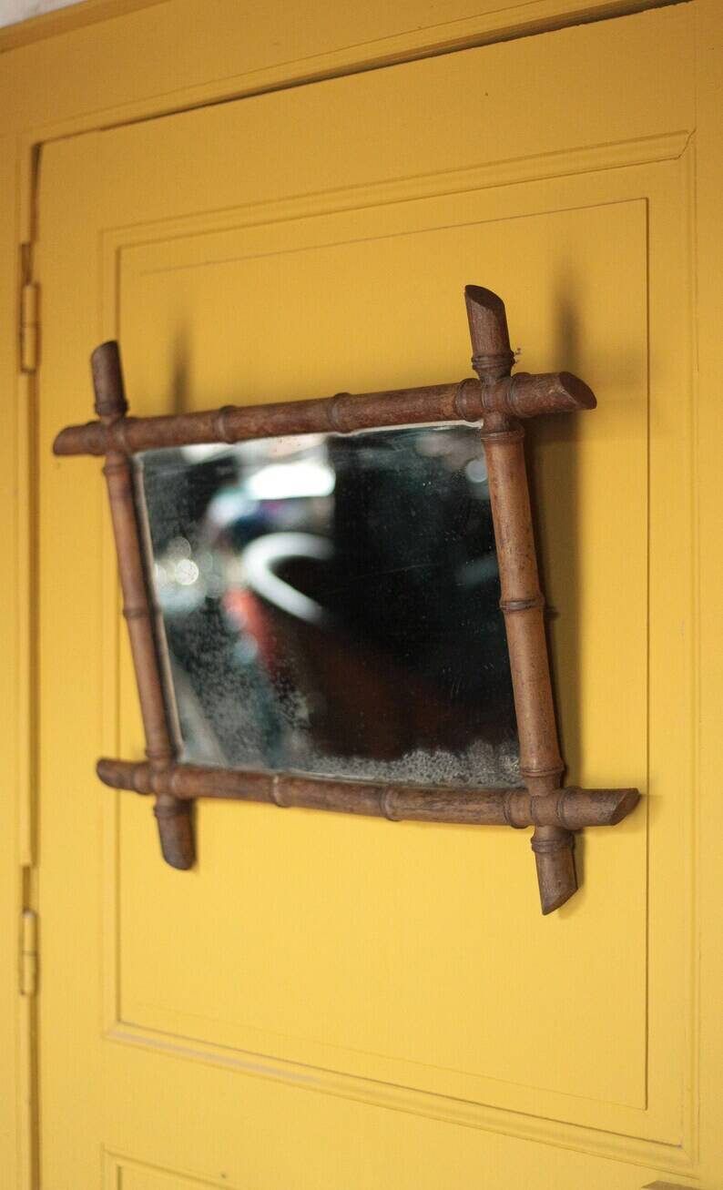 Wooden bamboo imitation mirror, antique mirror, hanging mirror, interior decor, mirror