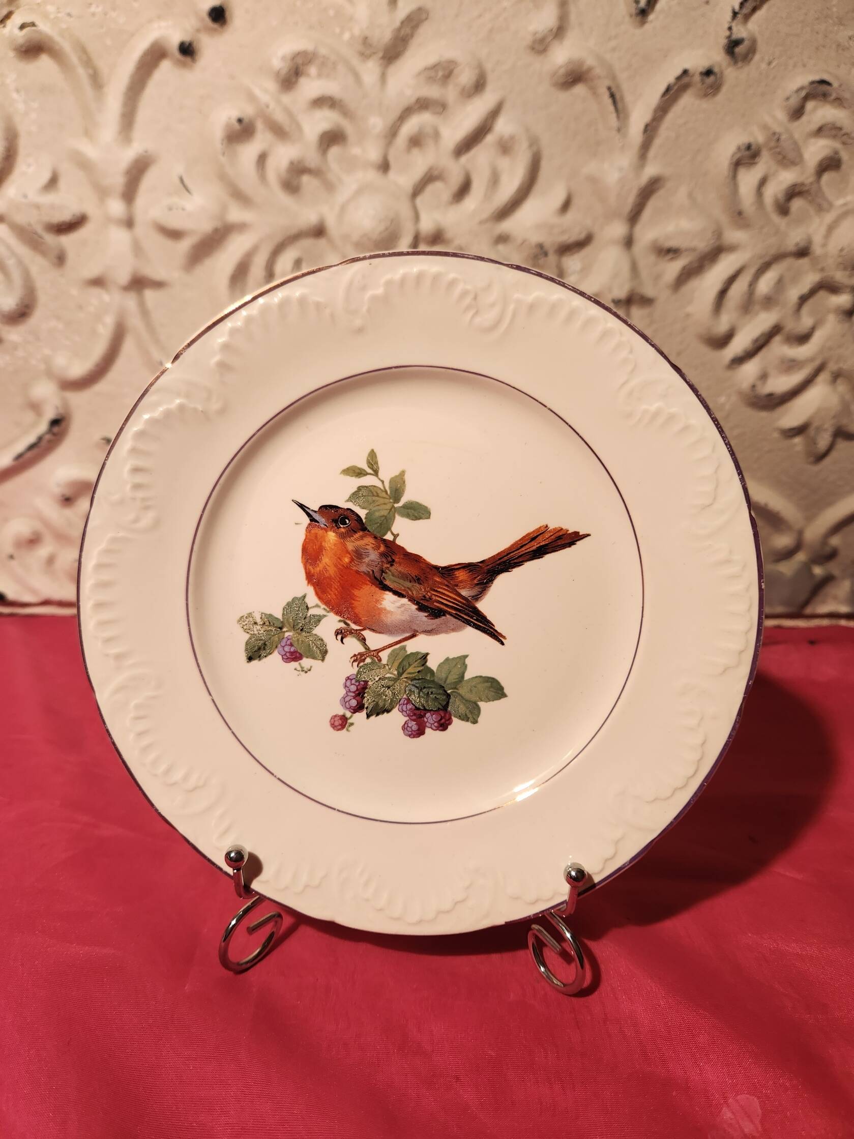 6 dessert plates Digoin Sarreguemines with coloured bird design.