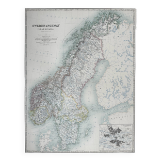 Carte antique de la Norvège Keith Johnston Royal Atlas, vers 1869