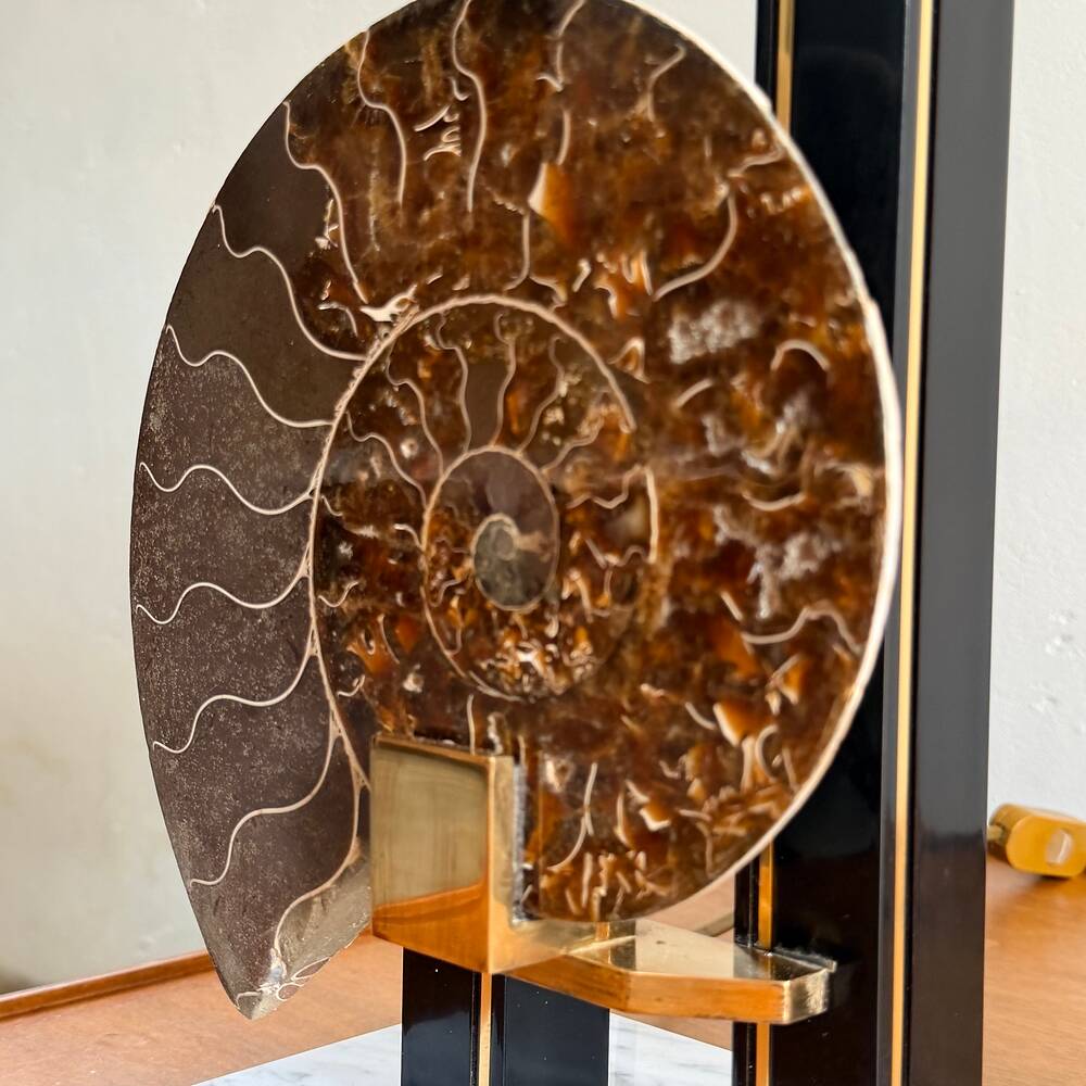 Paire de lampes ammonites Hollywood Regency en laiton, marbre et laque, France, années 70.