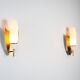 Pair of wall lamps with brass shields and glass shades