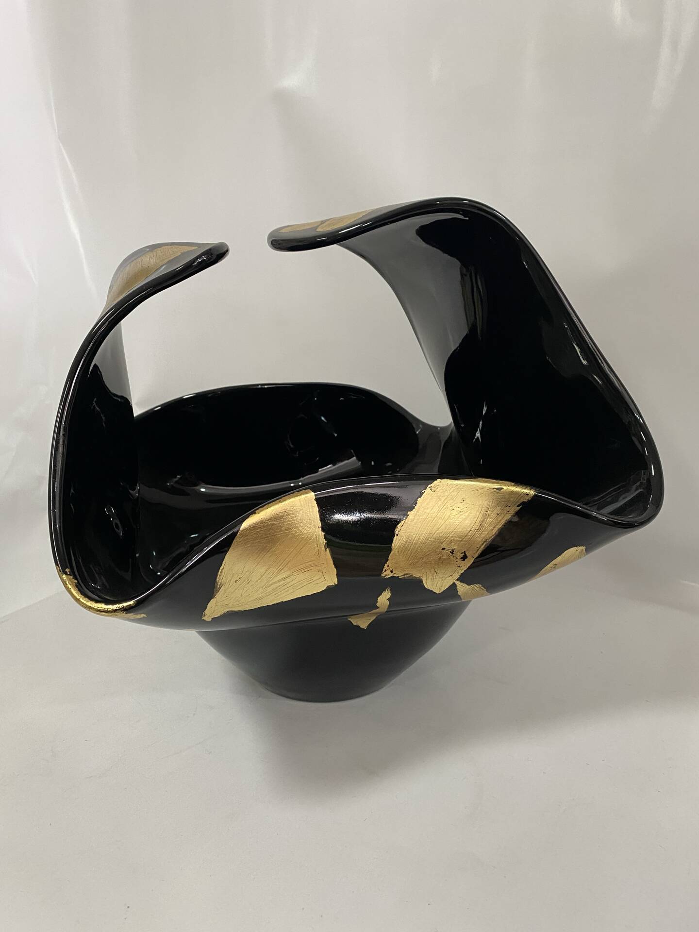 Black Murano-Style Art Glass Centerpiece Bowl with Gold Leaf Accents