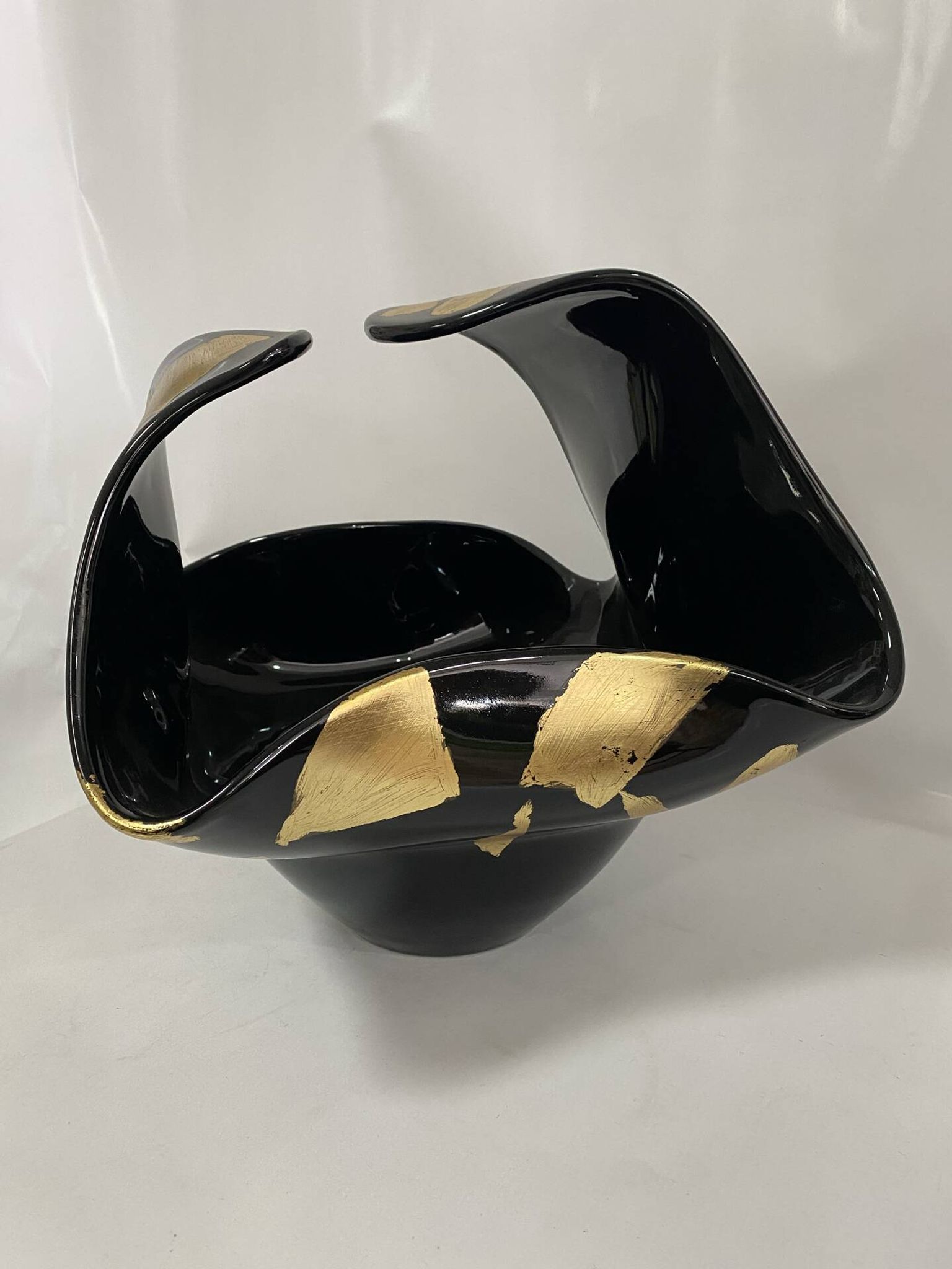 Black Murano-Style Art Glass Centerpiece Bowl with Gold Leaf Accents