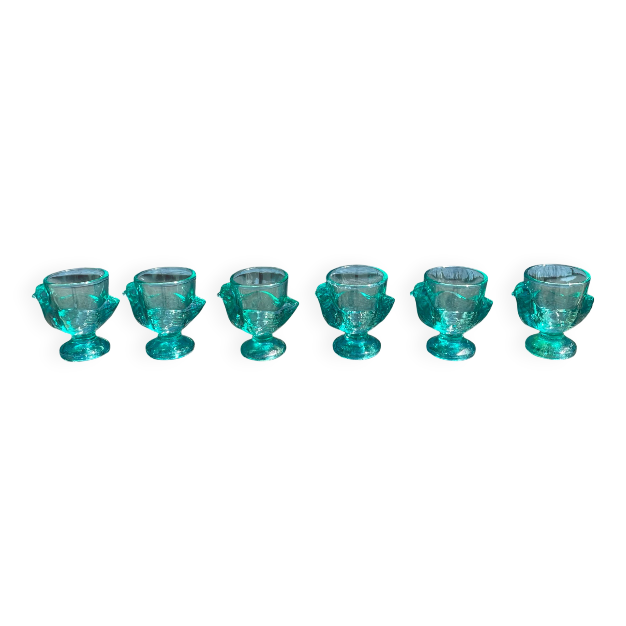 6 vintage turquoise chicken egg cups