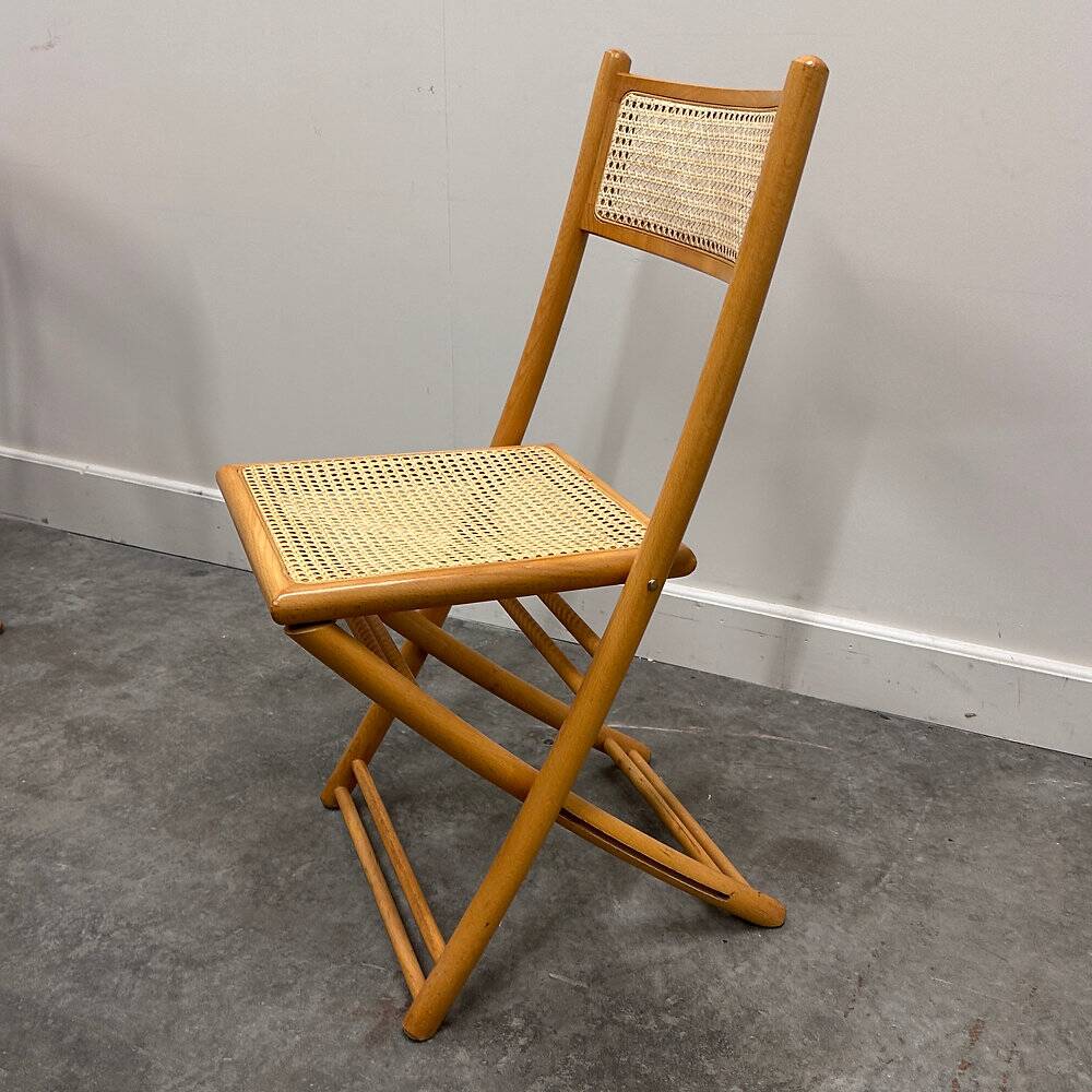 Rare set of four Belgian folding chairs in solid wood and hand-woven cane, mid-century