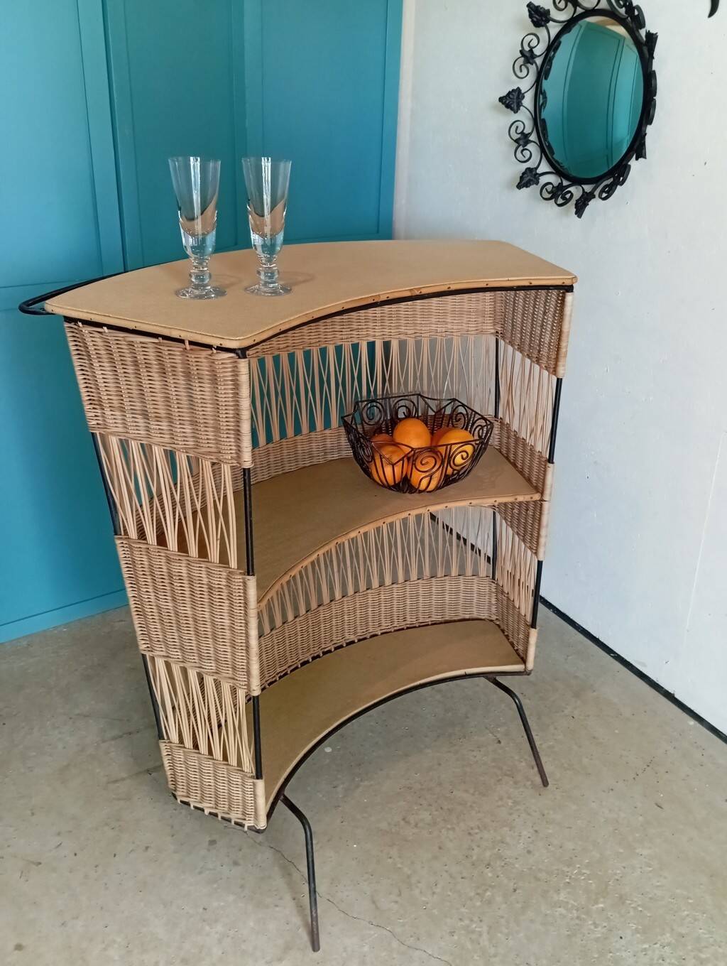 1960s rattan and metal bar counter