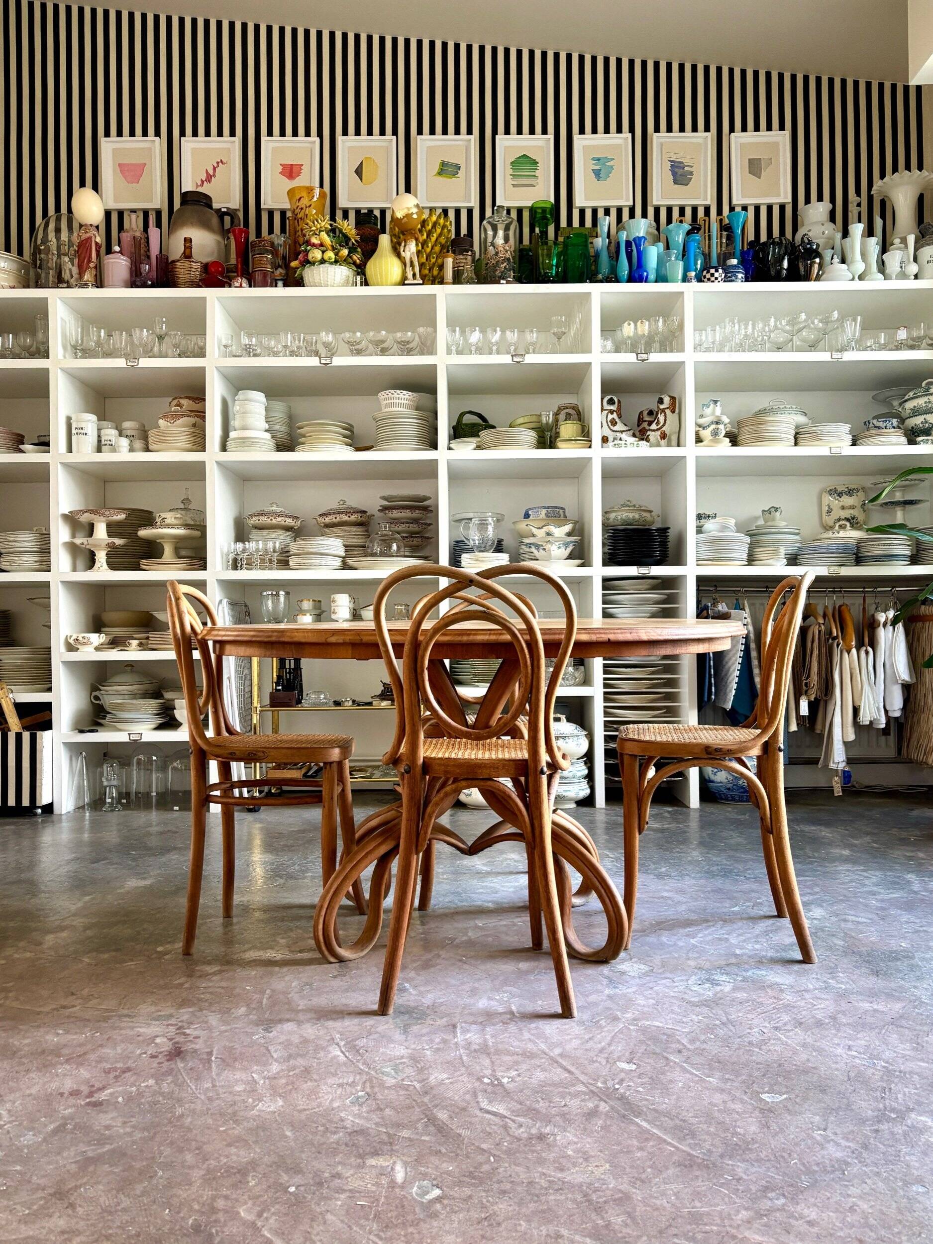 Thonet table no. 3 and 4 bent beech chairs with caning, circa 1890.