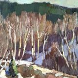 1952 Mid-Century Modern Swedish "Alp Trees" Vintage Winter Landscape Oil Painting, Framed