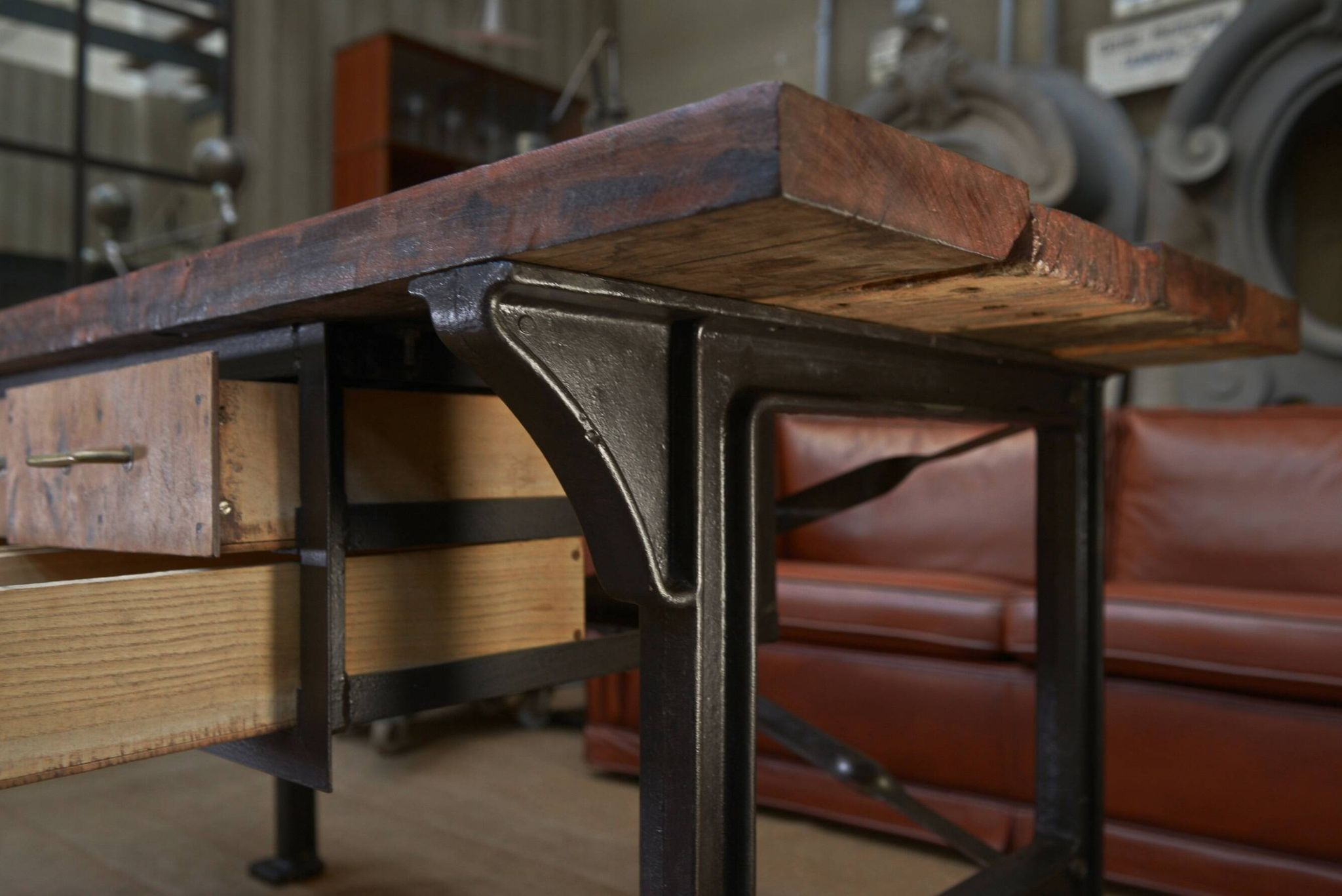 factory workbench in cast iron and wood 1930 with 9 drawers