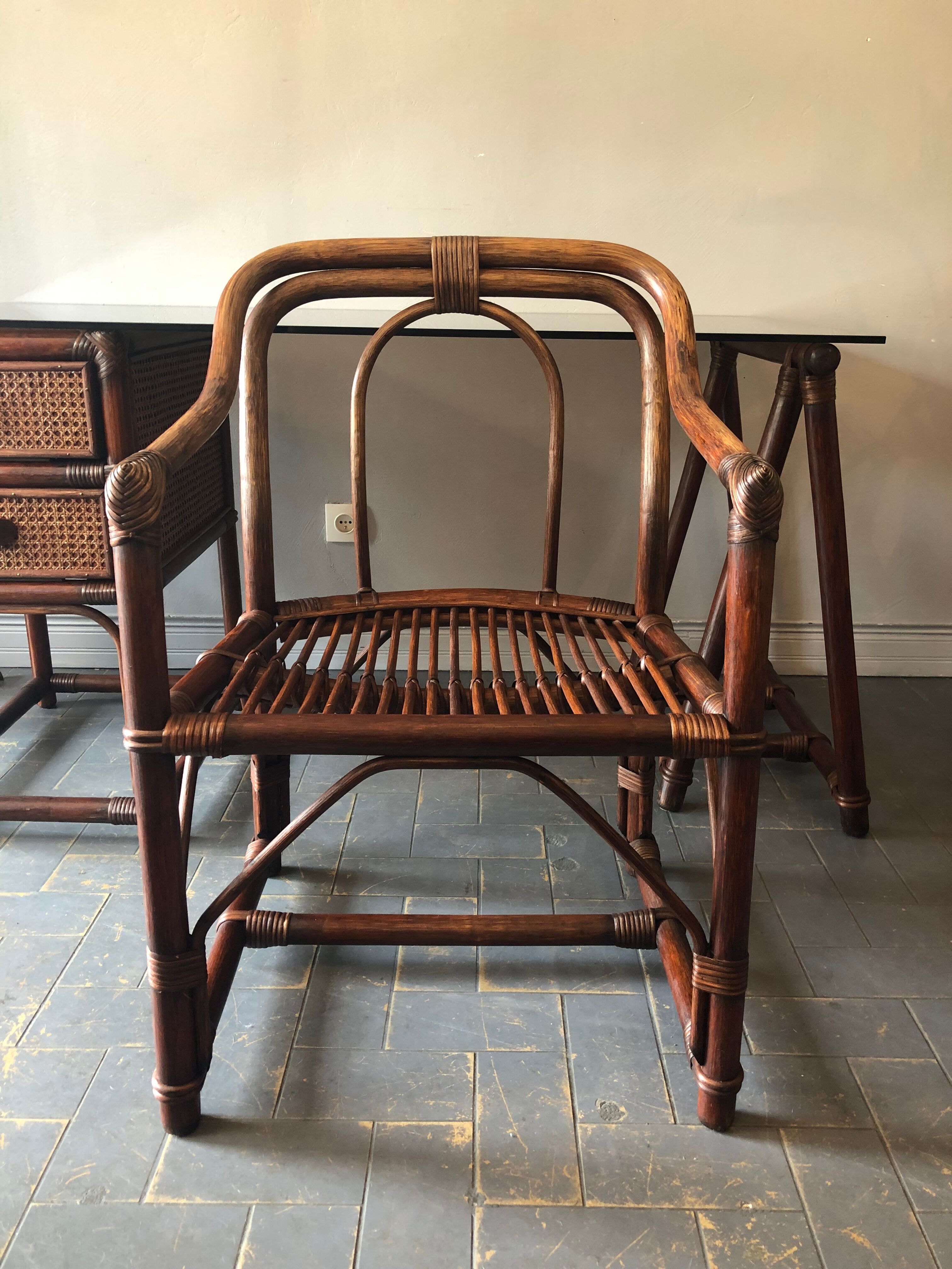 Bamboo desk and armchair, rattan 70s/80s