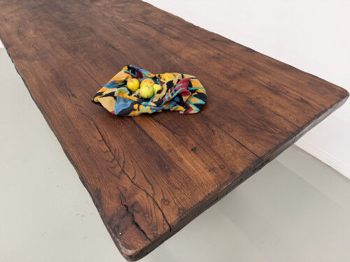 Brutalist farmhouse table in solid oak, 270 cm, 1920s.
