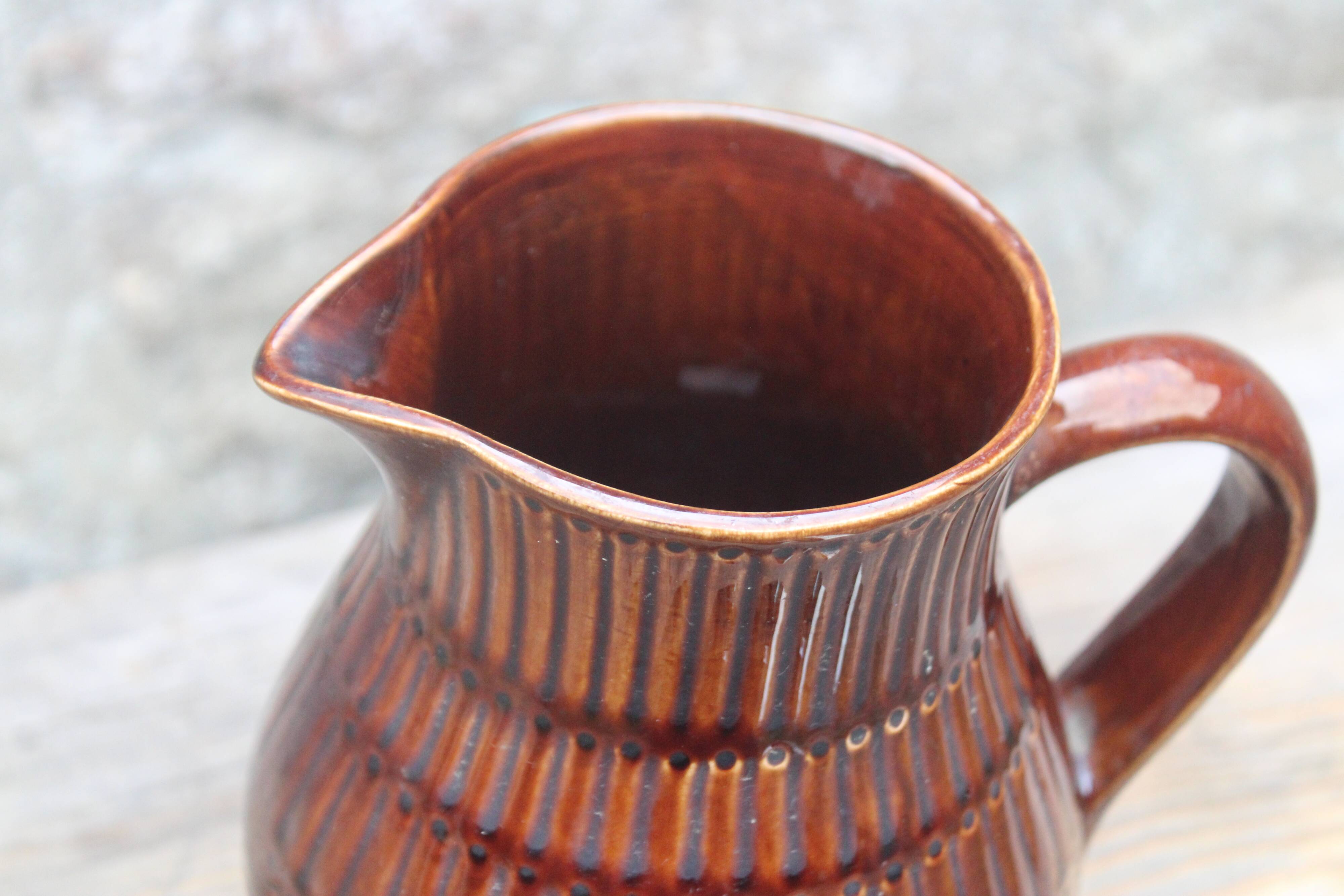 Superb vintage Digoin Sarreguemines pitcher in brown enamelled ceramic