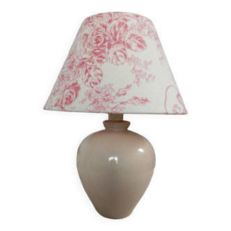 Ceramic table lamp with pink toile de Jouy shade, vintage